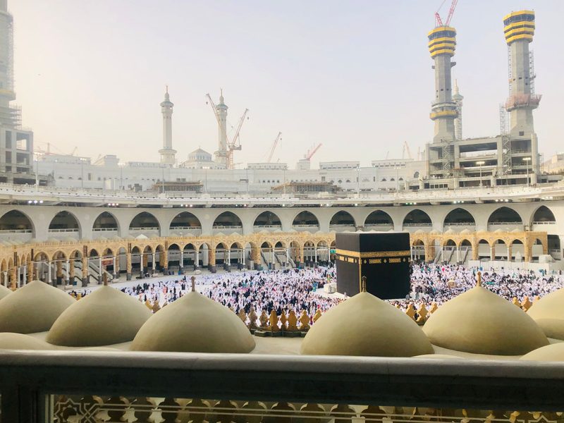 The Masjid al-Haram courtyard seen from an upper level, the Kaaba at its centre