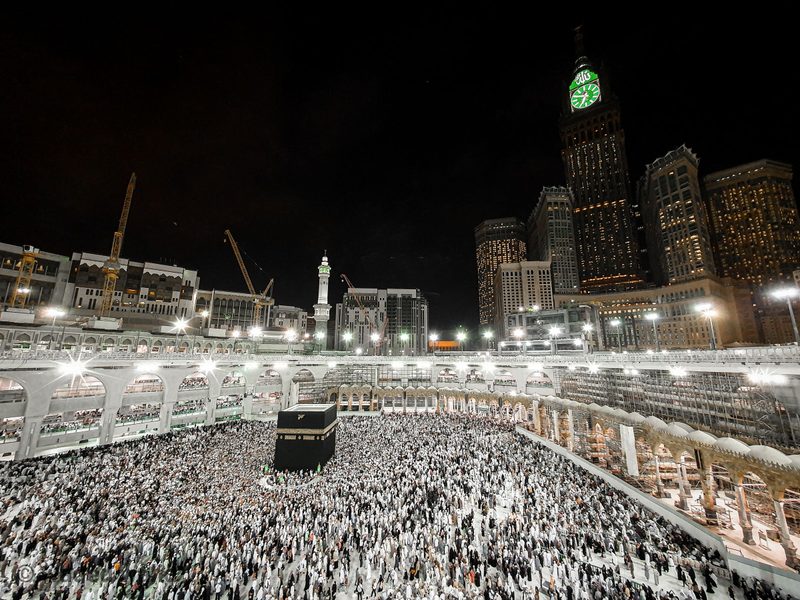 Makkah at night, the Haram and the clock tower above the surrounding city