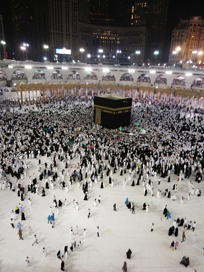 Pilgrims circling the Kaaba in the courtyard of Masjid al-Haram